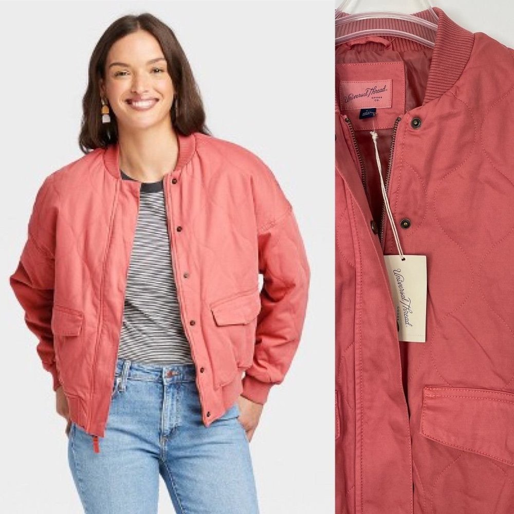 Universal Thread Women's Bomber Jacket XS Pink Zip Puffer Quilted Pockets New